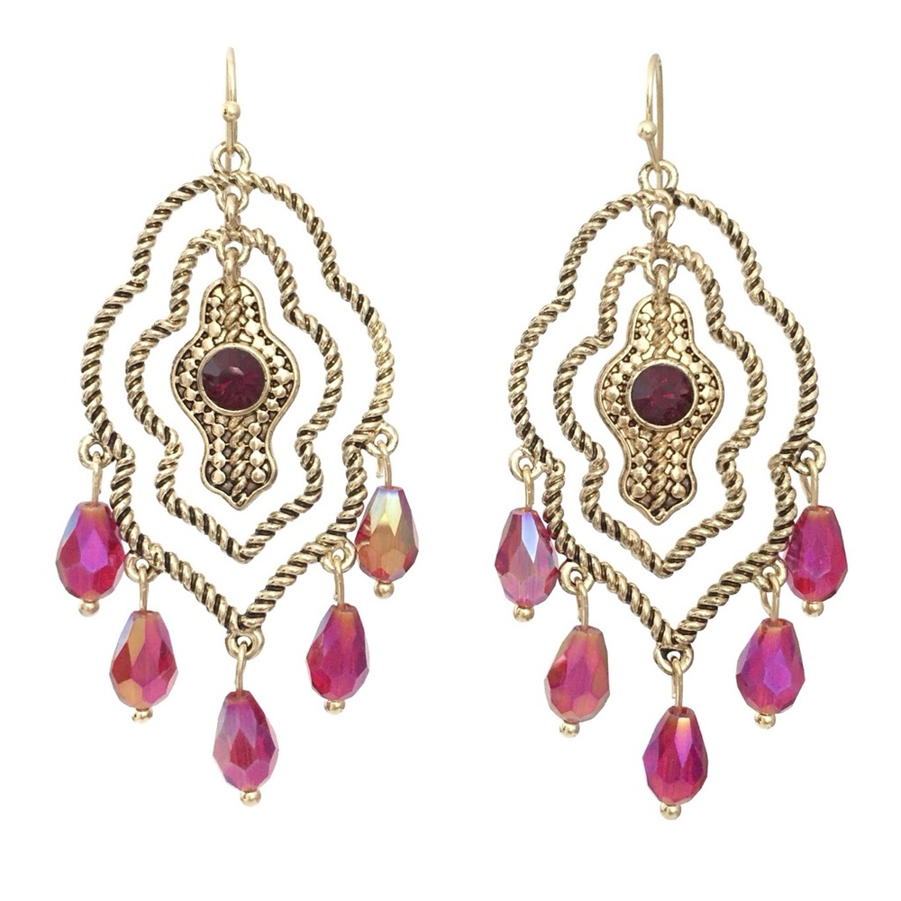 3 Layer Red Bead Moroccan Style Gold Tone Dangle Earrings